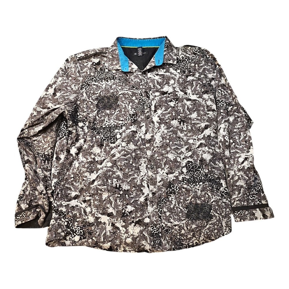 Inc International Concepts Men Black Long Sleeve Flower Button Shirt Size Reg Xl